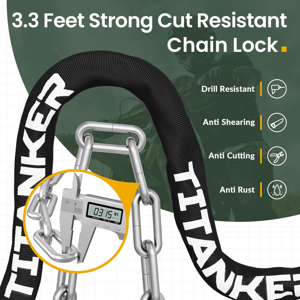 Titanker Bike Chain Lock with Key, 3.3 Feet Heavy Duty Anti-Theft Bike Lock Chain Security Bicycle Chain Locks for Bike, Motorcycle, Bicycle, Door, Gate, Fence, Grill (8mm Thick Chain, Black)