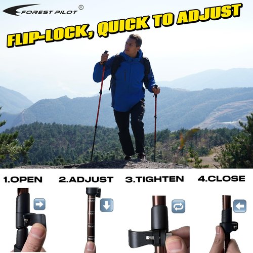 FOREST PILOT Trekking Poles - Lightweight 7075 Aluminum with Flip Lock & All Terrain Accessories - Pair of 2 Walking Sticks for Hiking with EVA Grip-Orange
