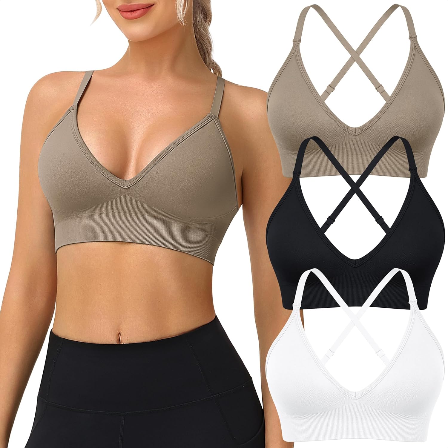 WANAYOU Sports Bras for Women - Deep V Neck Adjustable Criss Cross Back Bralettes | 3 Pack