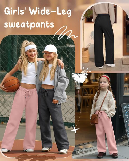 LessonZoo 3 Pack Girls' Sweatpants Wide Leg Drawstring Casual Kids Joggers Open Bottom Loose Solid Teen Pants with Pockets(Light Pink, Dark Gray, Black,Large)