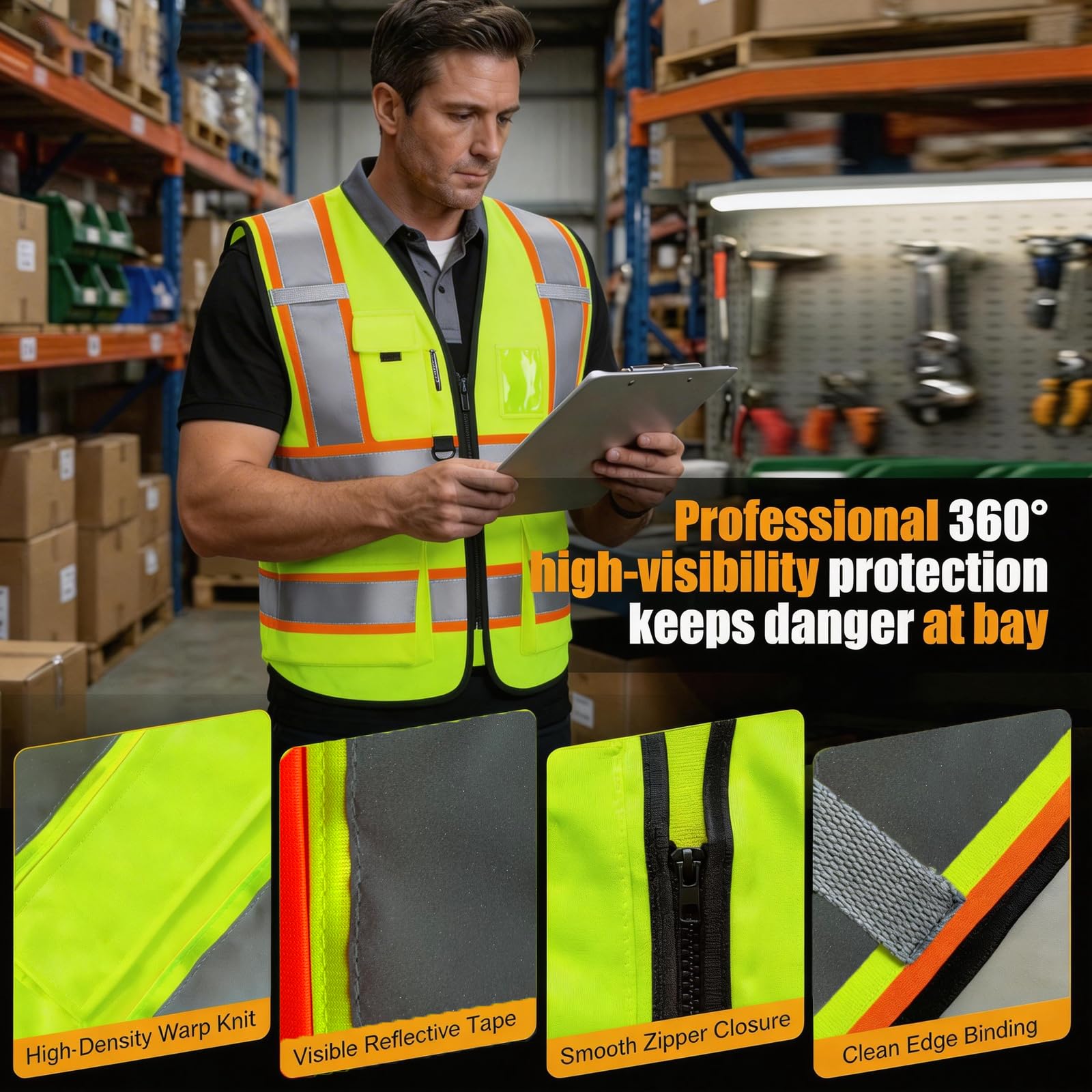 Custom Safety Vest with Logo, High Visibility Reflective Vest with Pockets and Zipper for Men Women, Personalized Construction Safety Vest Work,Warehouse,Surveyor, Crossing Guard,Road,Runner（Green）