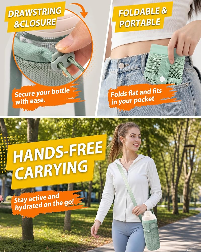 Water Bottle Holder Carrier with Strap - Khaki/Green Mesh Bottle Sling