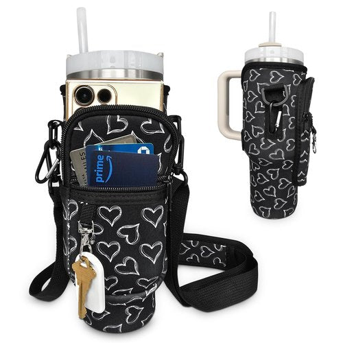 Stanley Cup 40oz Tumbler Crossbody Bag with Adjustable Strap, Zipper Pocket and Key Holder (Heart Print)