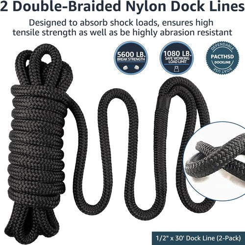 Marine Grade Dock Lines by [Brand Name] - 1/2" x 30' Double Braided Nylon Boat Rope - High Strength, Fray Resistant, Easy Handling - Black (2 Pack)