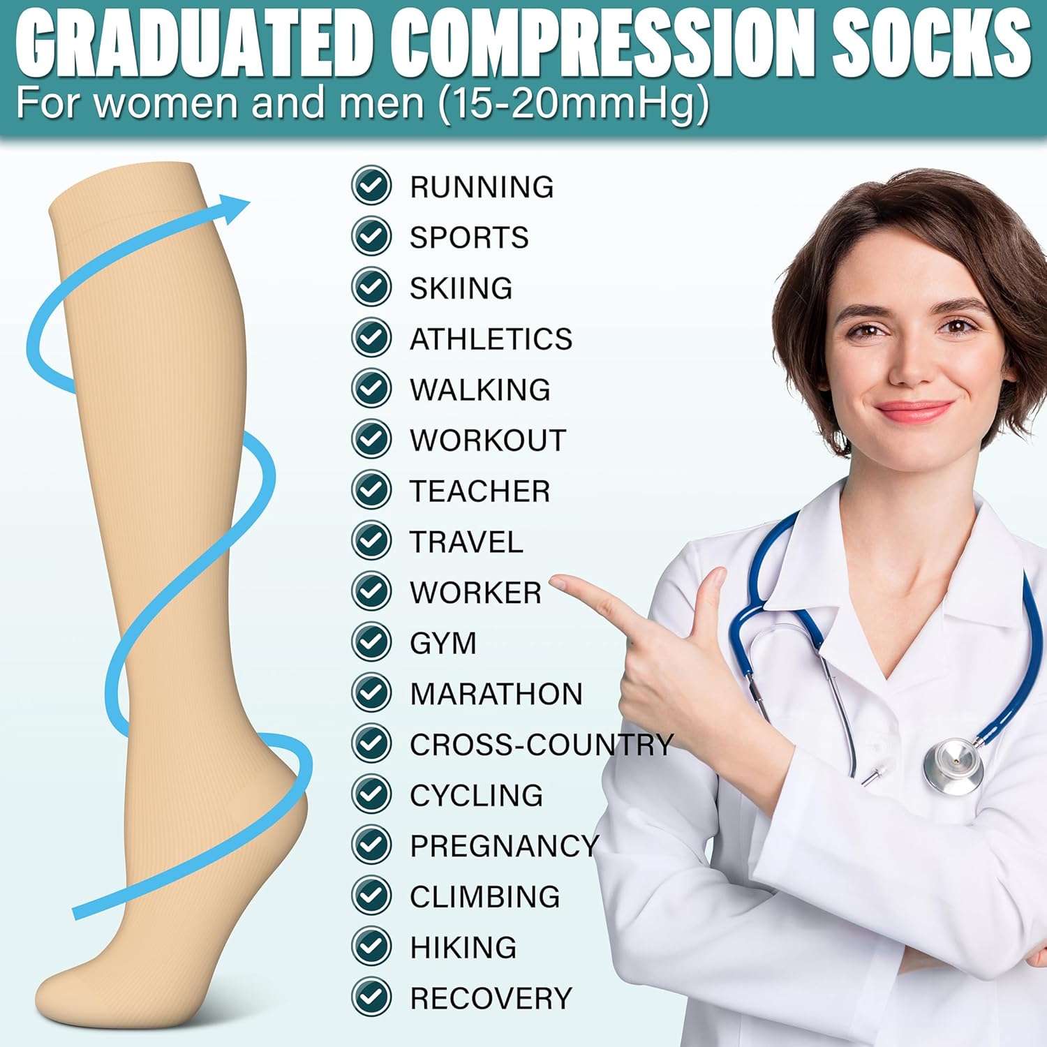 Skiennix Compression Socks - 15-20 mmHg Support for Nurses, Running, Hiking & Recovery | 3 Pairs