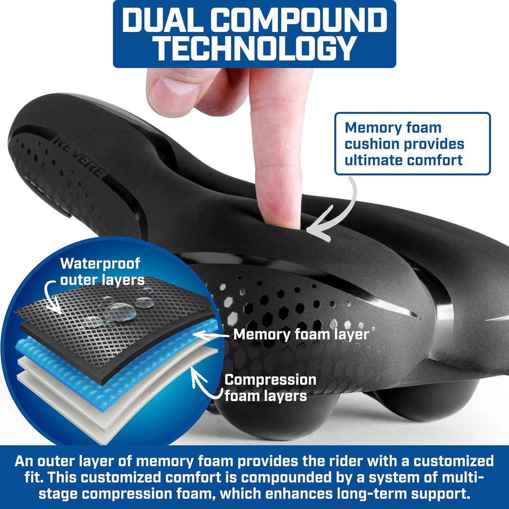 Revere Bike Seat - Performance Memory Foam Bicycle Saddle with Anti-Vibration Suspension | Waterproof for Road, MTB & E-Bikes