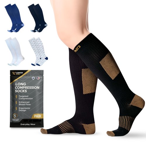 CopperJoint Copper Compression Socks for Women & Men, Knee High Support Socks, Wide Calf Friendly, Breathable Comfort for Work, Travel and Everyday Wear, 1 Pair, Medium, Black and Tan