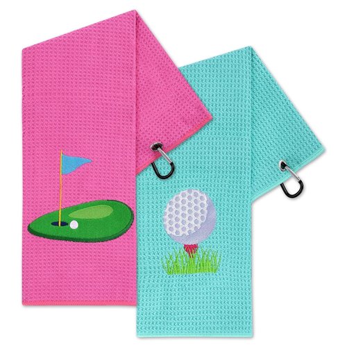 Vansolinne Golf Towels for Bags - Microfiber Waffle Pattern Pink Blue - Funny Gifts for Golf Fans, Set of 2