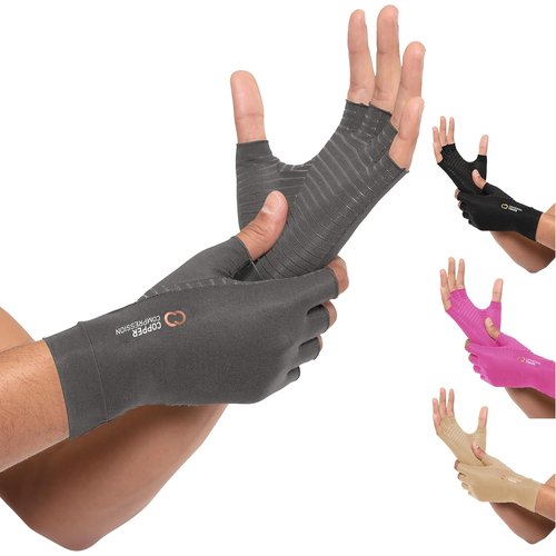 Copper Compression Arthritis Gloves - Fingerless Pain Relief for Carpal Tunnel | Hand Support for Neuropathy & Tendonitis - Grey, Large