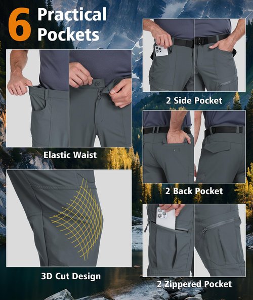 Zoofly Mens Stretch Cargo Pants Relaxed Fit Water Proof Travel Pants for Men Nylon Fishing Pants Flexible Tactical Pant Comfy Medium Grey 36W*30L