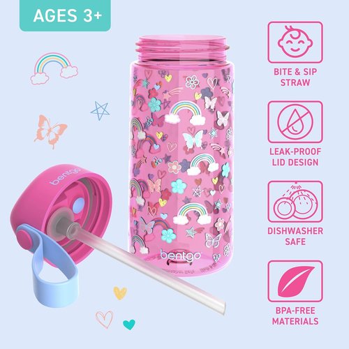 Bentgo Kids Water Bottle - Leak-Proof, Durable Tritan BPA-Free 15 oz Cup for Ages 3+ | Bite & Sip Spout, Dishwasher Safe (Rainbows & Butterflies)