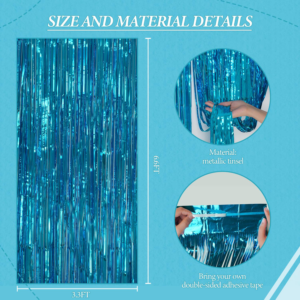 DECOCKRAT 3 Pack Foil Fringe Backdrop - Blue Shiny Tinsel Curtains for Party Decoration/Photo Booth Props - 3.3x8.2 FT Metallic Foil Backdrop for Birthday, Wedding, Graduation, Christmas.
