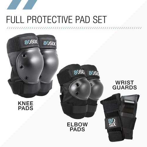 80Six Pad Set with Wristguards, Elbow Pads, and Knee Pads for Kids, Black, Small/Medium-Ages 8+