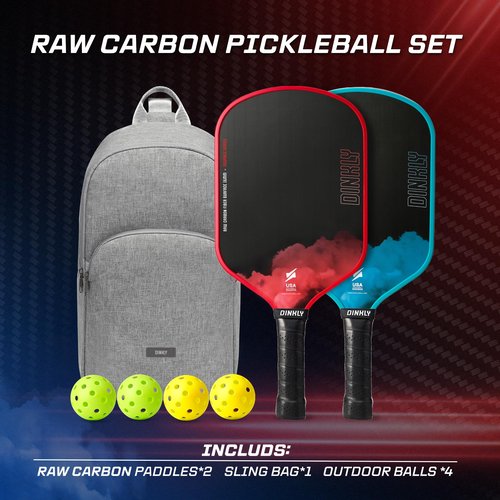 Dinkly Raw Carbon Pickleball Paddles Set of 2, T700 Carbon Fiber Rackets with 16MM Honeycomb Polymer Core, 4 Balls and 1 Portable Carry Bag, USAPA Approved Pickleball Set for Men, Women, Red & Blue