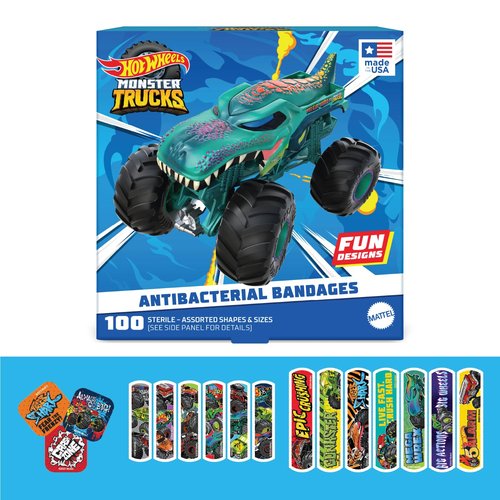 Hot Wheels Monster Trucks Antibacterial Kids Bandages, 3 Assorted Sizes 100 CT | Wear Like Stickers, Flexible Adhesive Bandages for Minor Cuts, Scrapes, and Burns. Great Gift idea for Kids
