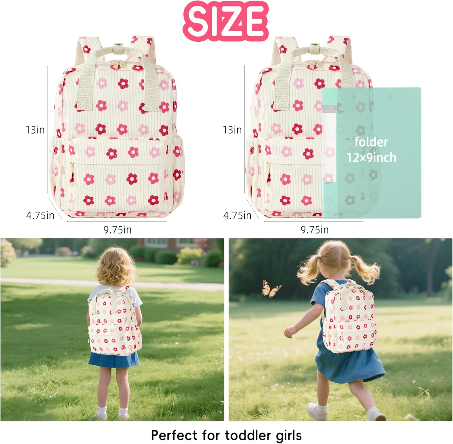 Skiennix Mini Corduroy Toddler Backpack - Lightweight Floral Beige Bookbag for Preschool Kids 13" H