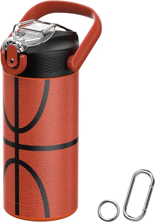 MYFOREST Insulated Kids Water Bottle - 14oz/400ml, Odor-Free Liner, Dishwasher-Safe, Soft Sipper, Basketball Gift