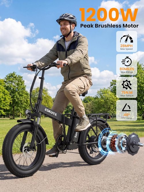 ESKUTE D300 Electric Bike - 1200W Peak Motor, 48V 20.8Ah Battery, 28 MPH, 80 Miles Range, Foldable Design