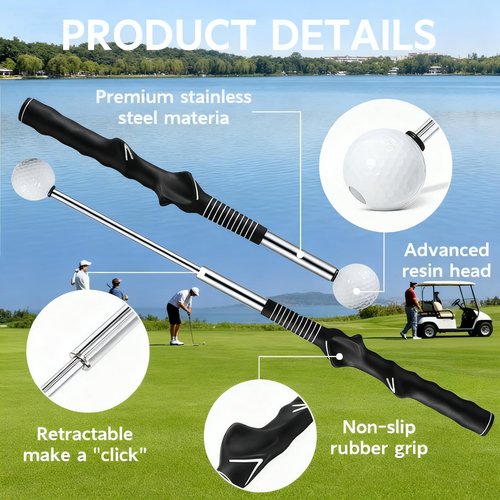 Objuni Retractable Golf Swing Trainer with Click Stick - Right-Handed Golf Grip Trainer & Swing Training Aid for Rhythm and Tempo Practice