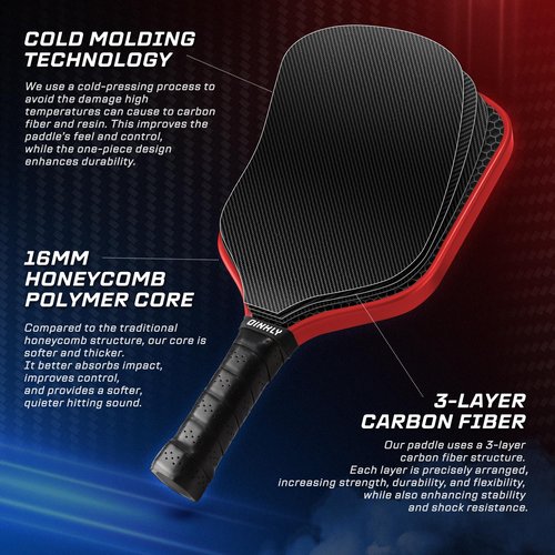 Dinkly Raw Carbon Pickleball Paddles Set of 2, T700 Carbon Fiber Rackets with 16MM Honeycomb Polymer Core, 4 Balls and 1 Portable Carry Bag, USAPA Approved Pickleball Set for Men, Women, Red & Blue
