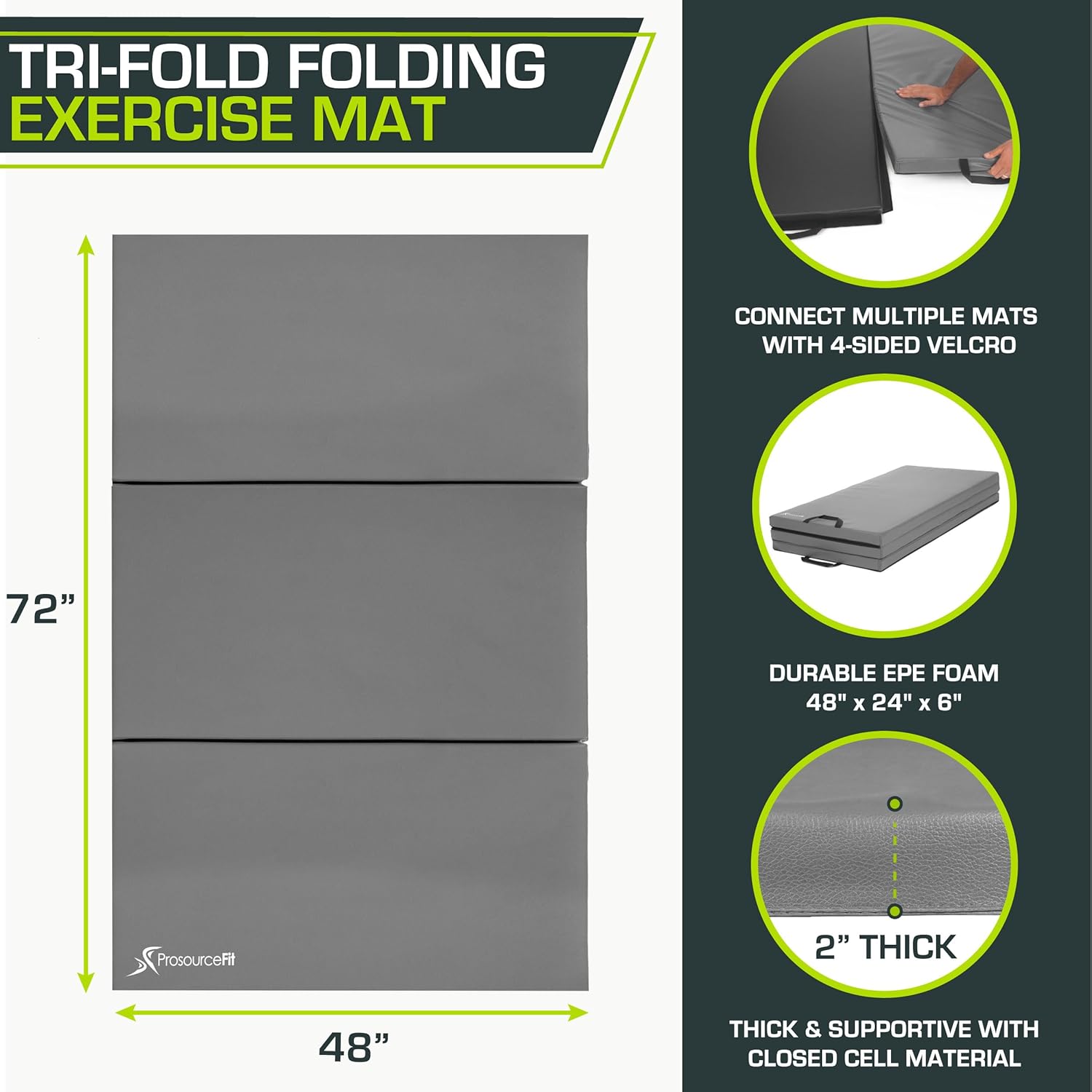 ProsourceFit Tri-Fold Exercise Mat - Thick 6’x4’ with Carrying Handles for Tumbling & Gymnastics