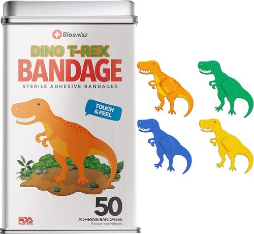 BioSwiss Dinosaur Shaped Bandages - Latex Free & Sterile Wound Care | 50 Count Set