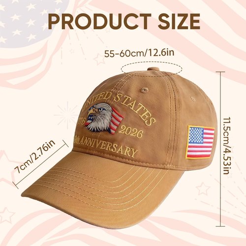 250th American Anniversary Hat, Adjustable USA Baseball Cap for Men & Women, Commemorative Eagle Embroidery Heritage Cap Khaki