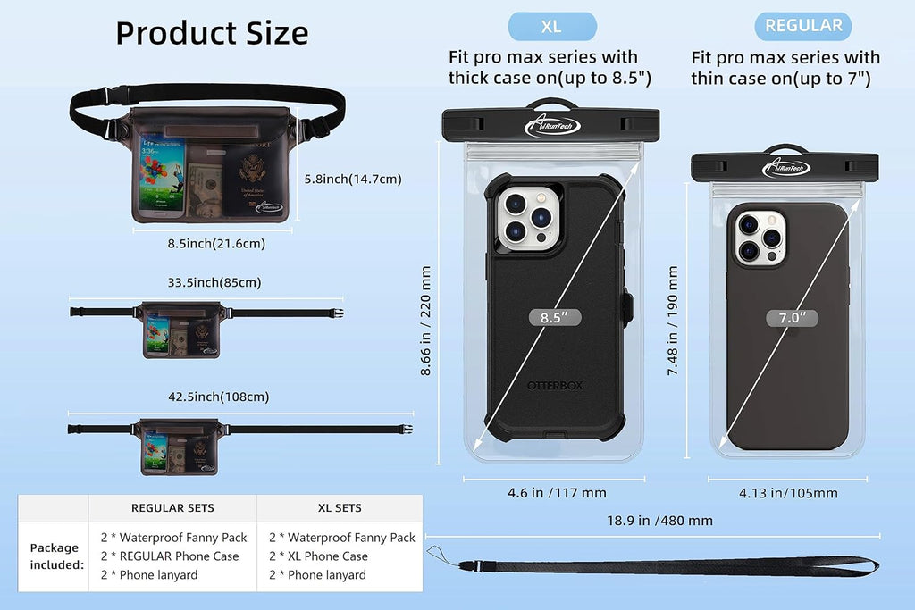 AiRunTech Waterproof Fanny Pack - IPX8 Dry Bag for iPhone 16/15/14/13/12/11 Pro Max | Includes Two Phone Cases & Waist Bags