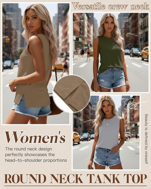 Ficerd Women's Sleeveless Tops - Casual Summer Tunic Tanks in Solid Colors | 4 Pack