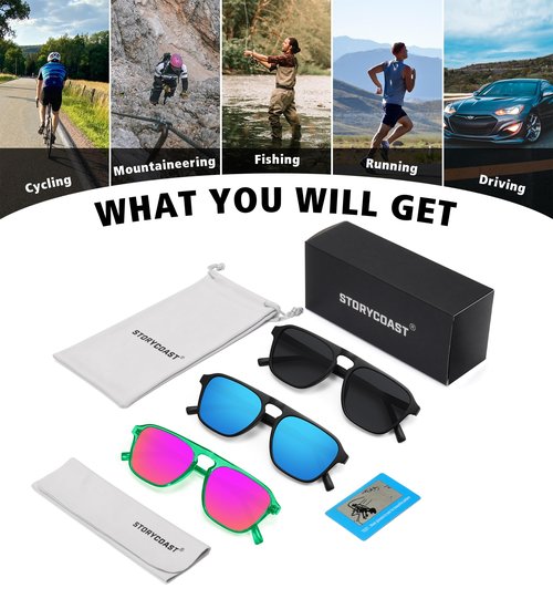 STORYCOAST Polarized Retro Aviator Sunglasses for Men Women Classic Driving Running Sports Square Aviators Sun Glasses 3Pack-Black+Black Blue+Green Purple Pink