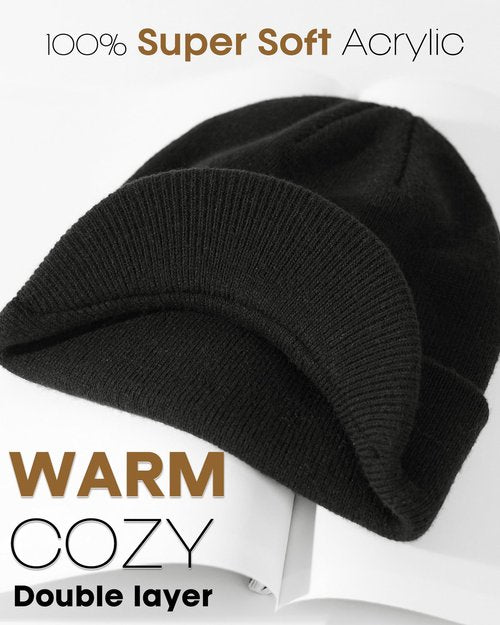 FURTALK Mens Beanie with Brim Thick Knitted Acrylic Beanie for Men Women Warm Outdoor Winter Hat, Black