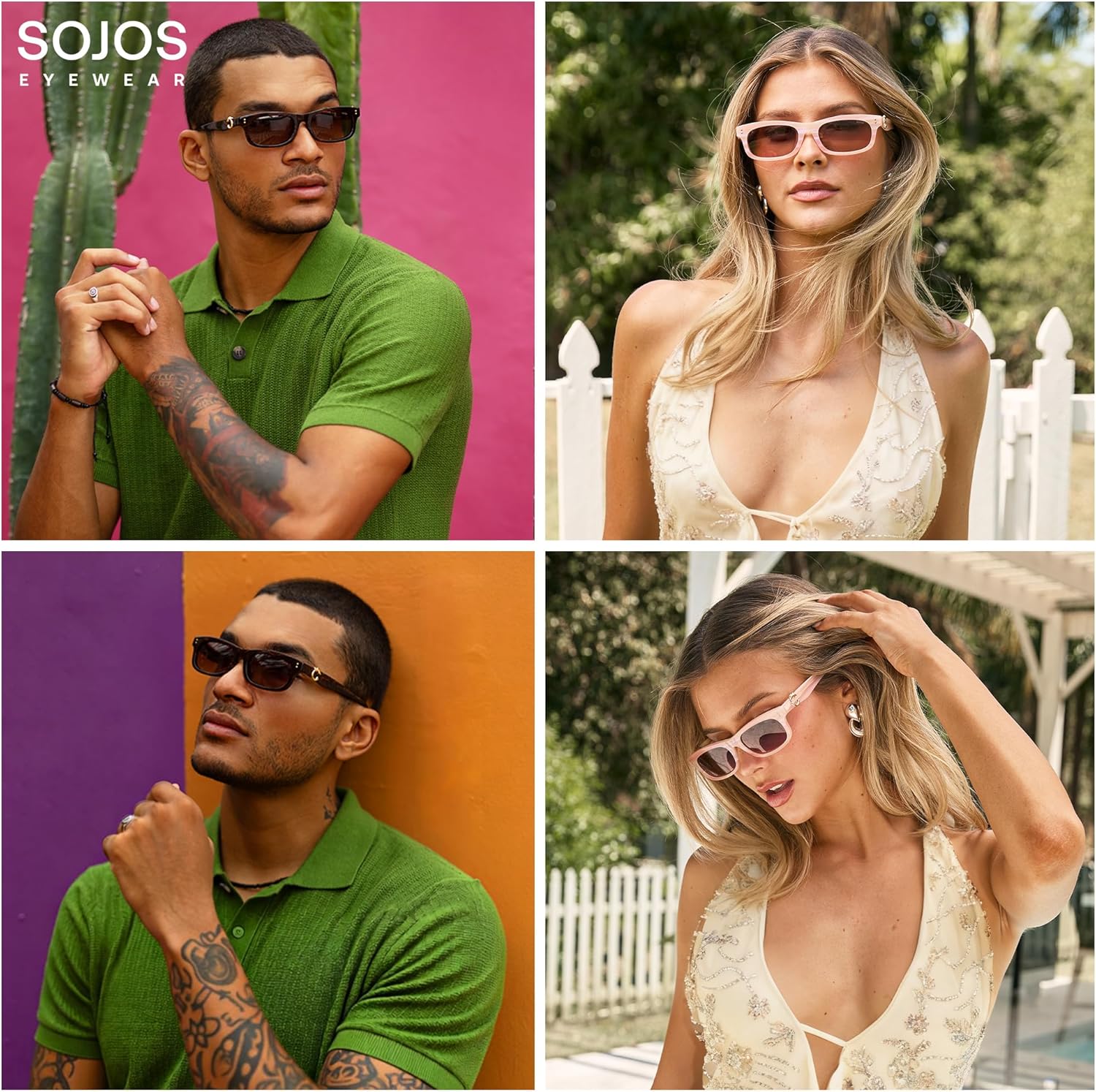 SOJOS Narrow Rectangle Sunglasses - Polarized UV400 Acetate Frame | Retro Classic Lace Coral Accent