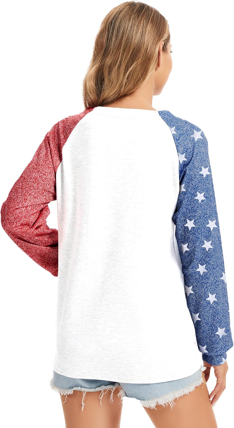 TSMNZMU Women's Star Print Colorblock Shirt - Long Sleeve American Flag Blouse for 4th of July