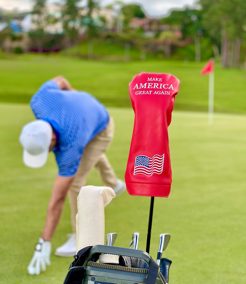 Wolph USA Driver Head Cover – Premium Leather, Iconic Red MAGA Hat Style – Trump-Inspired Funny Headcover – Trump Golf Accessories & Gift for Men and Women – Customize Your Bag.