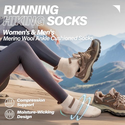 Anlisim 6 Pairs Merino Wool Ankle Running Hiking Socks Compression Support Breathable Thick Cushion No Show Socks for Women Men(Brown Beige,M)