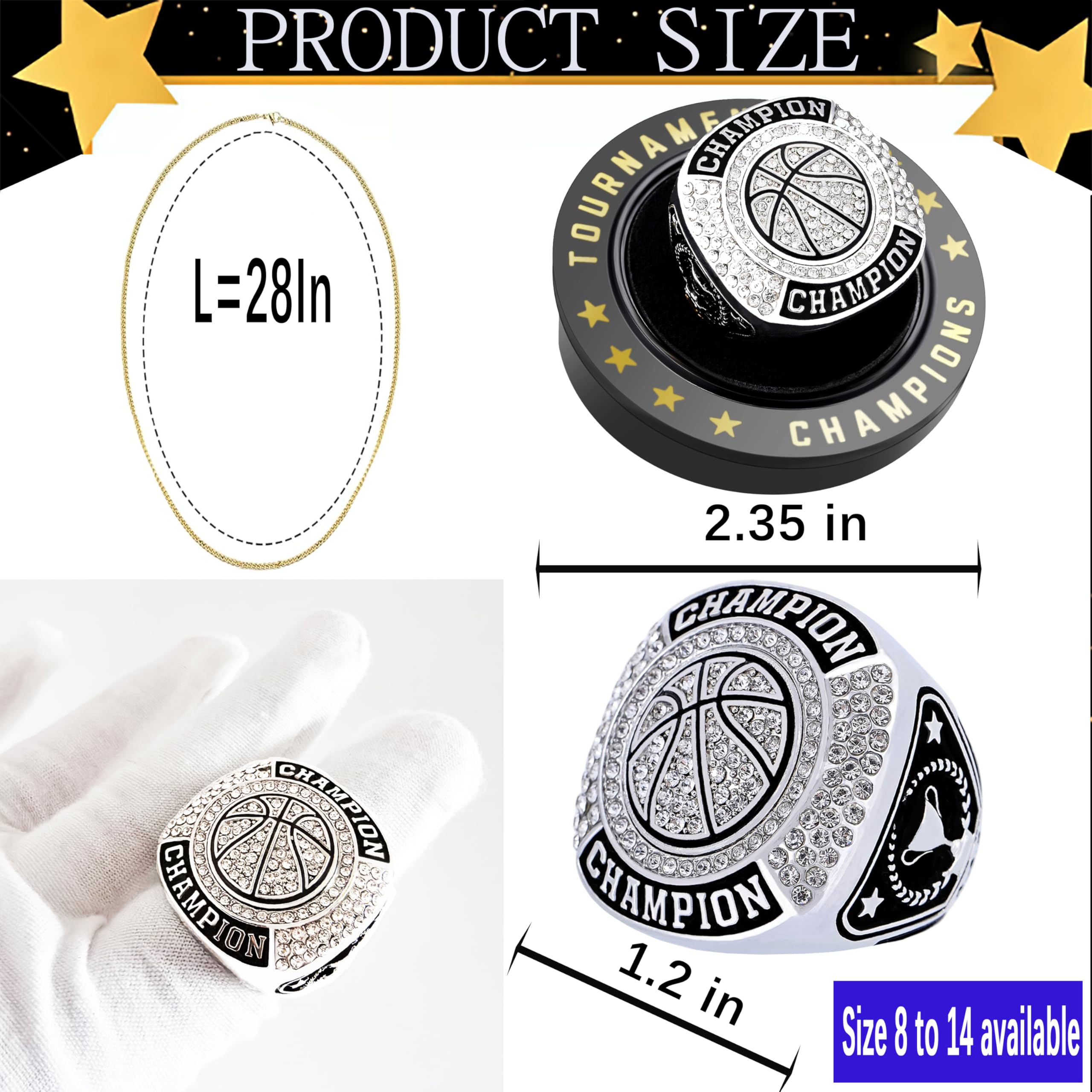 12 Pcs Basketball Championship Ring Basketball Ring Sport Ball Trophy Award Gift With Display Neck Chain and Stand for Tournament or League Champion Winner (6pcs silver basketball rings, size 13)