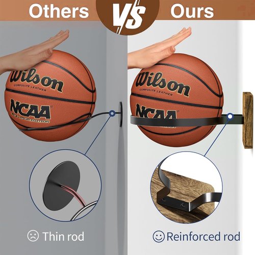 Basketball Holder Wall Mount - Wooden Base, 4-Piece Sports Ball Storage Rack for Football, Soccer & Rugby