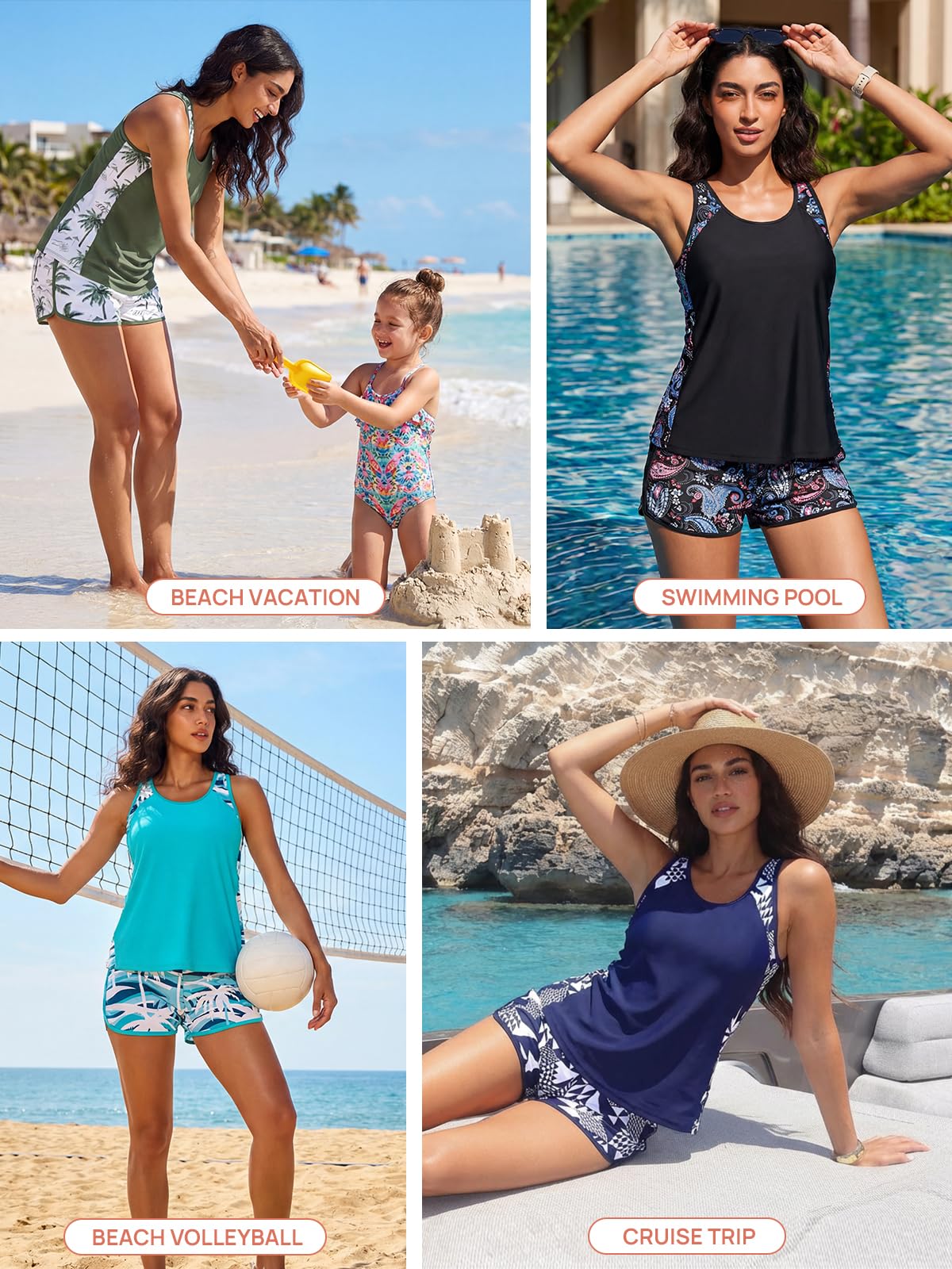 Summer Mae Blouson Tankini Swimsuits for Women 2026 Tummy Control Two Piece Bathing Suits with Sporty Pockets Swim Shorts Blue Shadow Palm Size 10