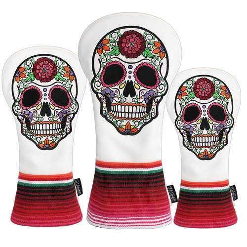 SHABIER White Golf Fairway Headcover with Rose Embroidery Sugar Skull Design for Golf Club