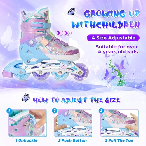 MammyGol Inline Skates - Adjustable Butterfly Roller Skates for Girls | Vibrant Colors & Flashing Wheels