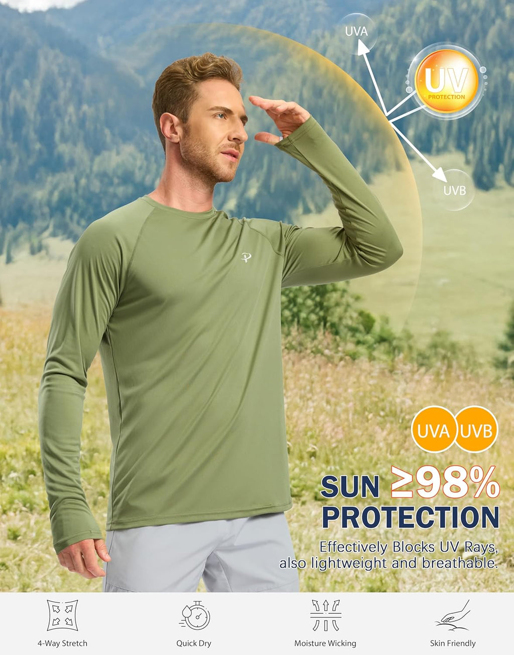 Pudolla Men's UV Protection Shirt - SPF UPF 50+ Long Sleeve Quick-Dry Rash Guard for Fishing & Swimming