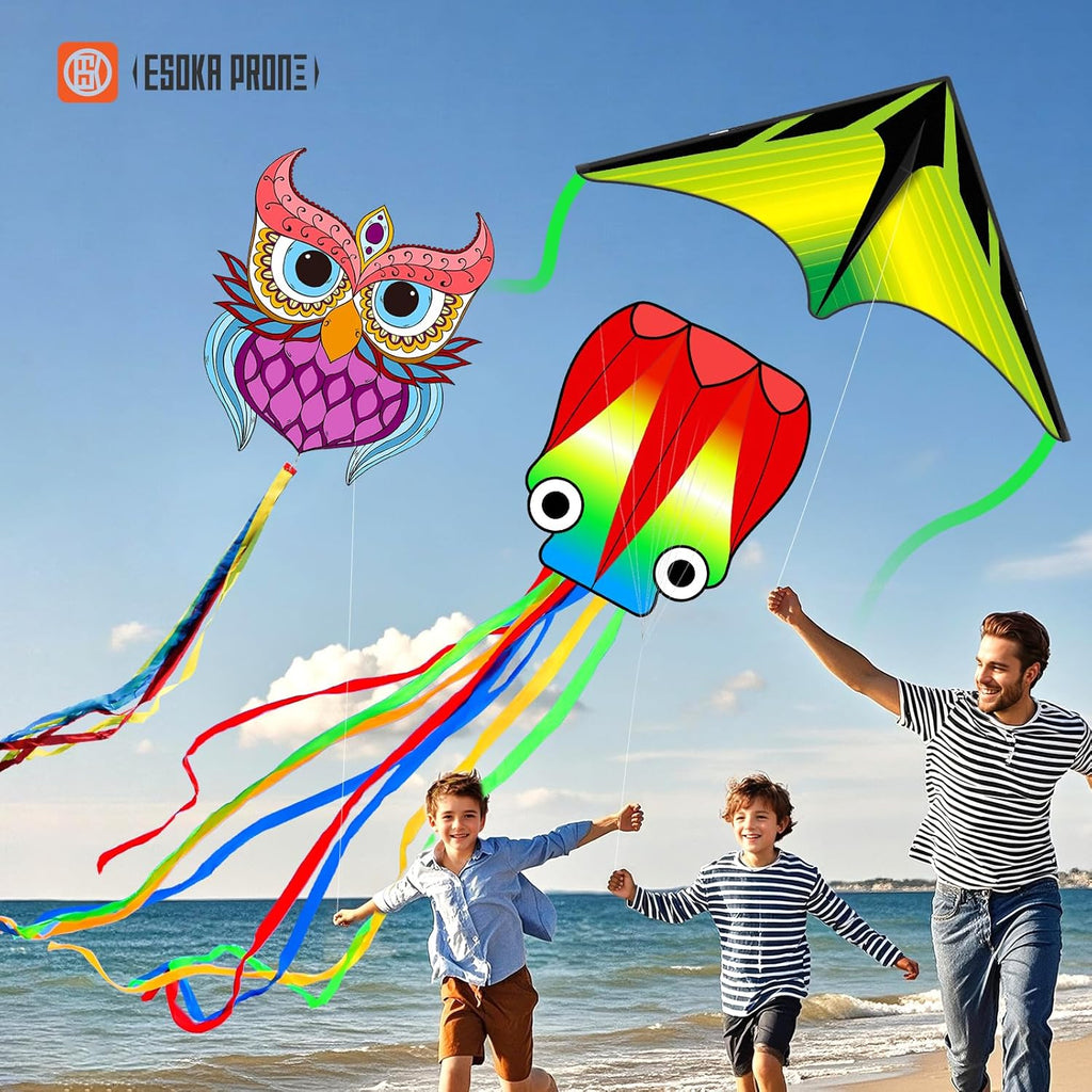 Skiennix Kites for Kids & Adults - Easy to Fly Beach Kites with 328ft String | Fun Gift for Ages 4-8 (Purple Owl, Grassland, Octopus)