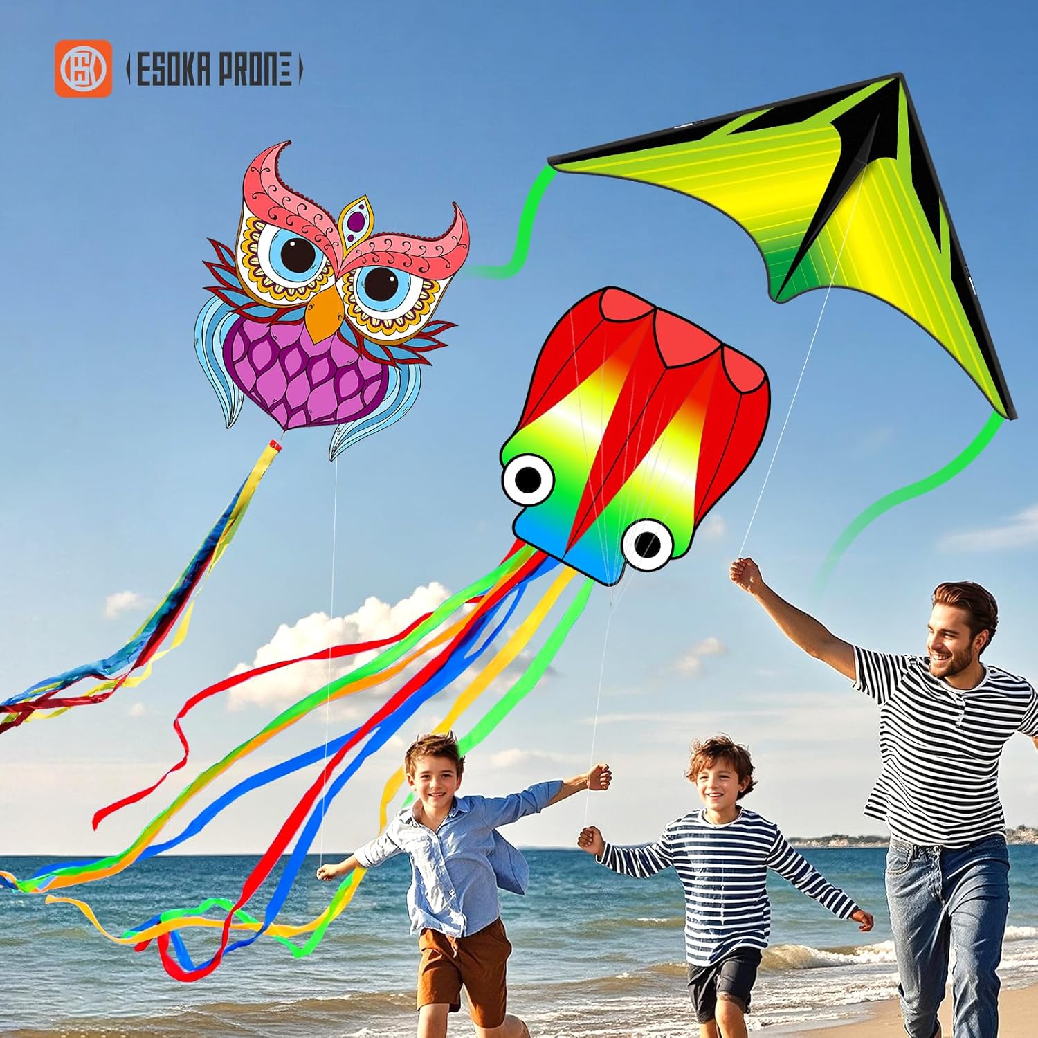 Skiennix Kites for Kids & Adults - Easy to Fly Beach Kites with 328ft String | Fun Gift for Ages 4-8 (Purple Owl, Grassland, Octopus)