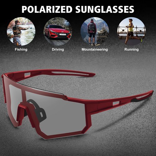 STORYCOAST Polarized Sports Sunglasses for Men Women,Driving Fishing Cycling Mountain Bike Sunglasses UV400 Protection Red Frame-Photochromic Lens