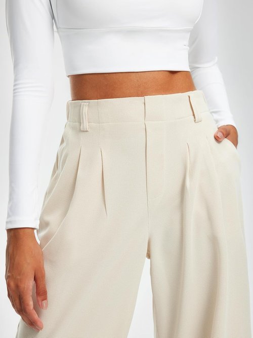 Libin Women's Wide Leg Pants - 29" High Waisted Waffle Knit Casual Trousers with Pockets | Beige, Size M