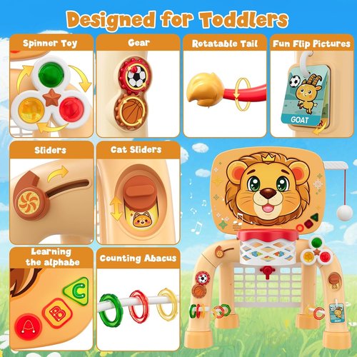 HYES Toddler Basketball Hoop Tball Set & Soccer Goal - Lion Sport Toys for 1 Year Old Boy with Learning Activities (Abacus/Alphabet/Animals Sounds) Christmas Birthday Gifts for Baby Boy Age 1 2 3
