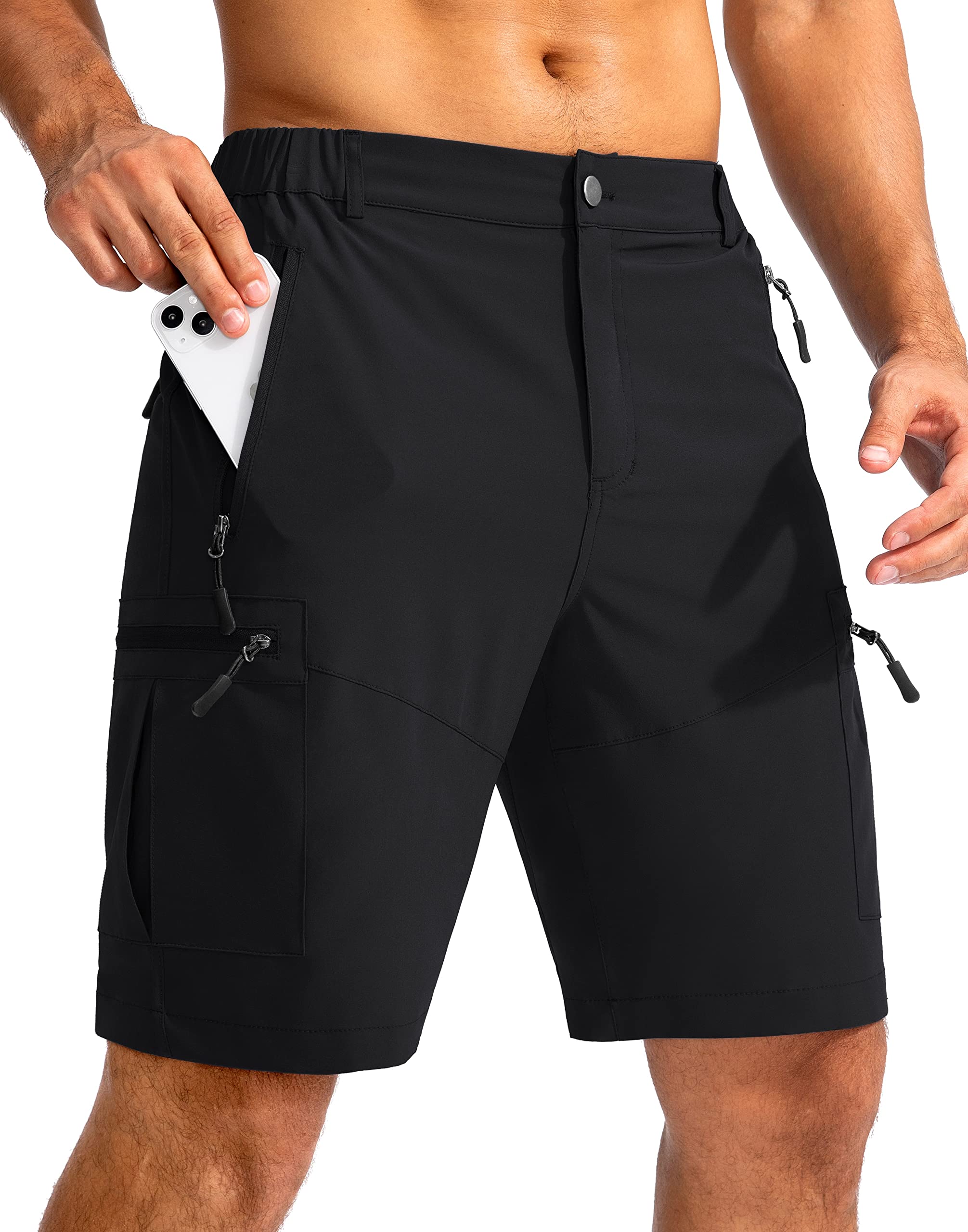 Pudolla Men's Hiking Cargo Shorts 9" Lightweight Outdoor Work Shorts for Men Travel Golf Camping Casual with 5 Zipper Pockets(Black XX-Large)