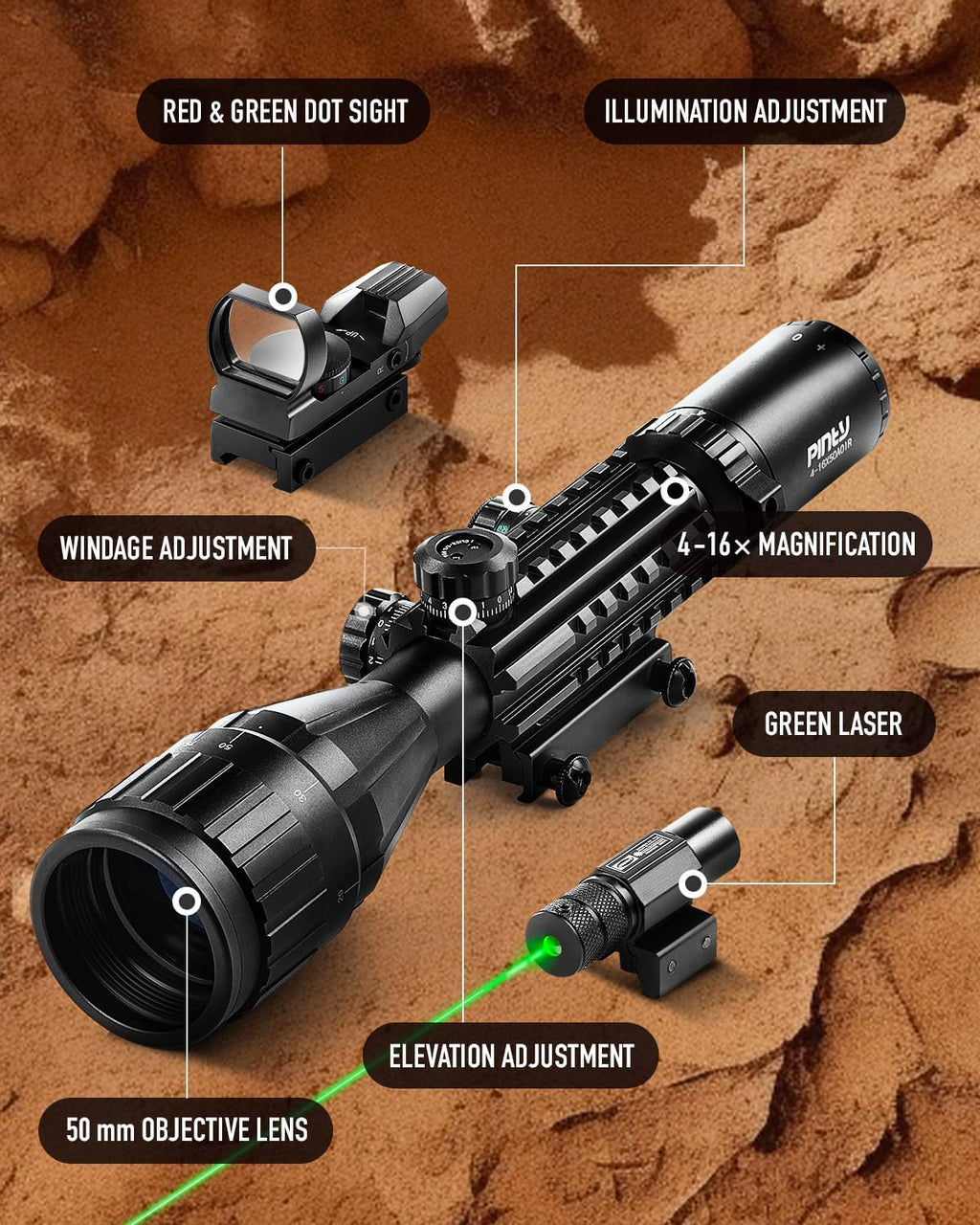 PINTY Tactical Rifle Scope Combo - Illuminated Optics with Red Dot Sight & Laser | 3-9x32, 3-9x40, 4-12x50, 4-16x50