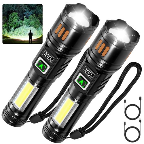 AYL Rechargeable Flashlights 2 Pack, Super Bright High Lumens Flash Light, 6 Modes Zoomable Linternas with LCD Display, High Powered Handheld LED Flashlights for Home, Emergencies, Camping