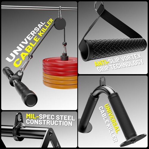 Cable Attachments for Gym, LAT Pulldown & Cable Machine Attachment Set: V-Shaped Bar, Rotating Straight Bar, V Rotation Handle, Nylon Tricep Rope, Ankle Straps & Handles, Home Gym